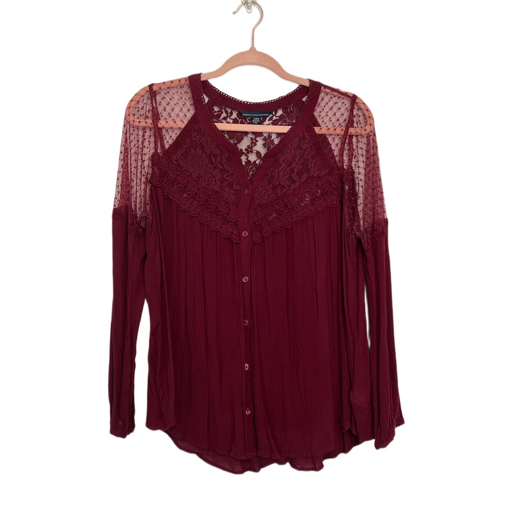 American Eagle Outfitters Burgandy Long Sleeves Tunic Lace Button Up Top Size L